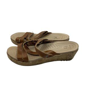Crocs Sandals A-Leigh Slip On Wedge‎ Slide Brown Leather Open Toe Women Size 8